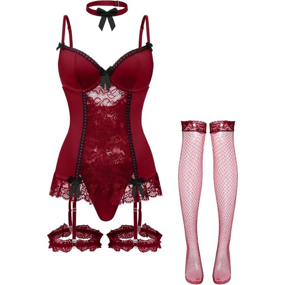 Sexy Floral Lace Garter Belt Babydoll Corset Push Up Burgundy Red Lingerie Set - Picture 5 of 6